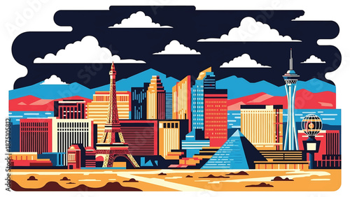 Flat vector illustration of a Las Vegas–inspired city skyline with glowing urban blocks, desert surroundings and nightlife mood, using abstract architecture and solid flat colors