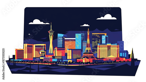 Flat vector illustration of a Las Vegas–inspired city skyline with glowing urban blocks, desert surroundings and nightlife mood, using abstract architecture and solid flat colors
