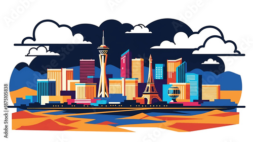 Flat vector illustration of a Las Vegas–inspired city skyline with glowing urban blocks, desert surroundings and nightlife mood, using abstract architecture and solid flat colors