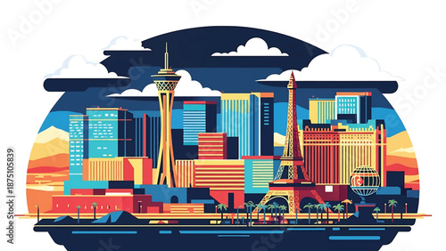 Flat vector illustration of a Las Vegas–inspired city skyline with glowing urban blocks, desert surroundings and nightlife mood, using abstract architecture and solid flat colors