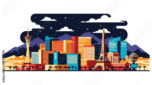 Flat vector illustration of a Las Vegas–inspired city skyline with glowing urban blocks, desert surroundings and nightlife mood, using abstract architecture and solid flat colors
