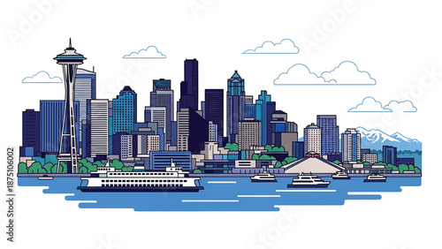 Flat vector illustration of a Seattle-style cityscape with modern buildings, waterfront setting, distant mountains and cloudy sky shapes in clean solid vector style