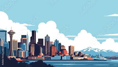 Flat vector illustration of a Seattle-style cityscape with modern buildings, waterfront setting, distant mountains and cloudy sky shapes in clean solid vector style