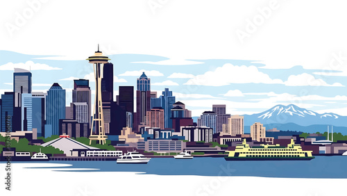 Flat vector illustration of a Seattle-style cityscape with modern buildings, waterfront setting, distant mountains and cloudy sky shapes in clean solid vector style
