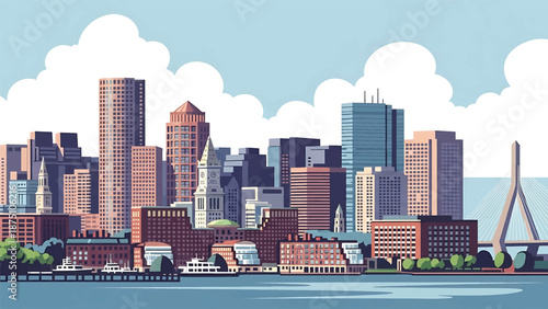 Flat vector illustration of a Boston-inspired city view featuring historic low-rise buildings, modern skyline elements and harbor scenery in clean solid flat colors