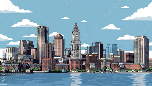 Flat vector illustration of a Boston-inspired city view featuring historic low-rise buildings, modern skyline elements and harbor scenery in clean solid flat colors