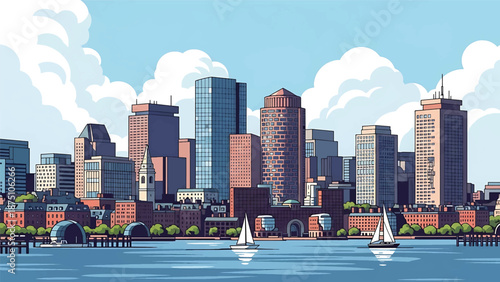 Flat vector illustration of a Boston-inspired city view featuring historic low-rise buildings, modern skyline elements and harbor scenery in clean solid flat colors
