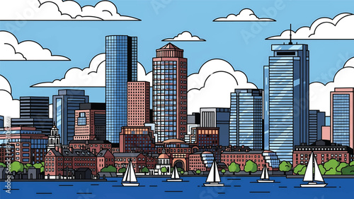 Flat vector illustration of a Boston-inspired city view featuring historic low-rise buildings, modern skyline elements and harbor scenery in clean solid flat colors