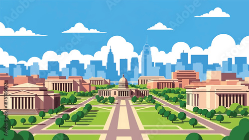 Flat vector illustration of a Washington DC–style cityscape with balanced low-rise skyline, wide avenues and green spaces, using abstract civic buildings in solid colors