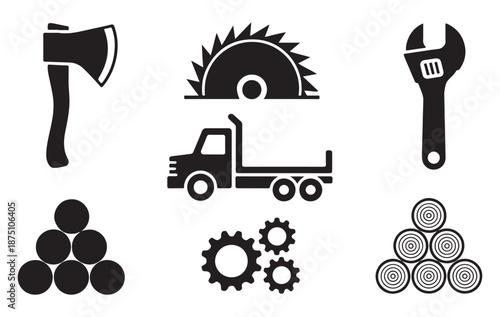 Woodworking and industrial icons including axe circular saw wrench flatbed truck and stacked wood logs