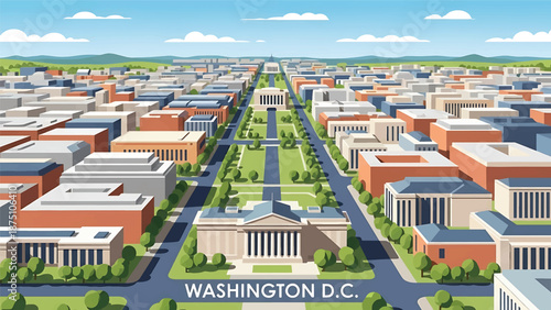Flat vector illustration of a Washington DC–style cityscape with balanced low-rise skyline, wide avenues and green spaces, using abstract civic buildings in solid colors