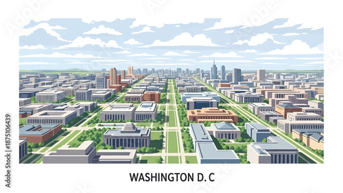 Flat vector illustration of a Washington DC–style cityscape with balanced low-rise skyline, wide avenues and green spaces, using abstract civic buildings in solid colors
