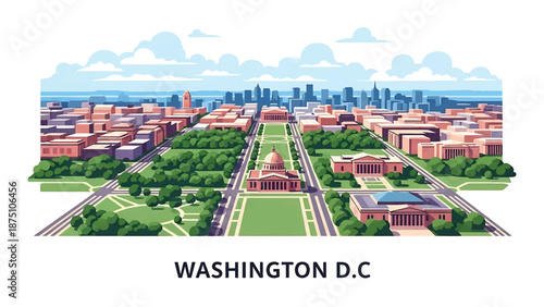 Flat vector illustration of a Washington DC–style cityscape with balanced low-rise skyline, wide avenues and green spaces, using abstract civic buildings in solid colors