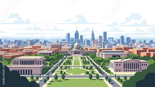 Flat vector illustration of a Washington DC–style cityscape with balanced low-rise skyline, wide avenues and green spaces, using abstract civic buildings in solid colors