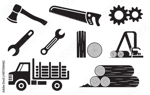 Black silhouette set of carpentry and forestry tools including axe saw wrench and transport truck