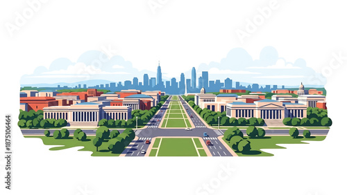 Flat vector illustration of a Washington DC–style cityscape with balanced low-rise skyline, wide avenues and green spaces, using abstract civic buildings in solid colors