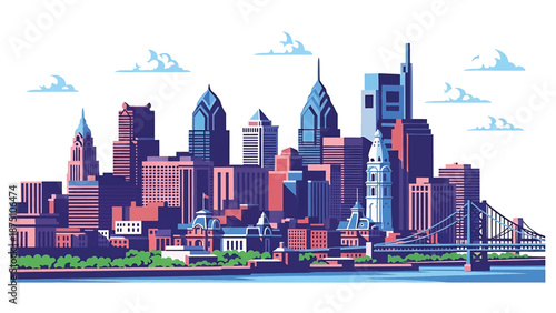 Flat vector illustration of a Philadelphia-inspired skyline with dense urban blocks, riverfront foreground and simplified bridges, rendered in clean solid flat colors