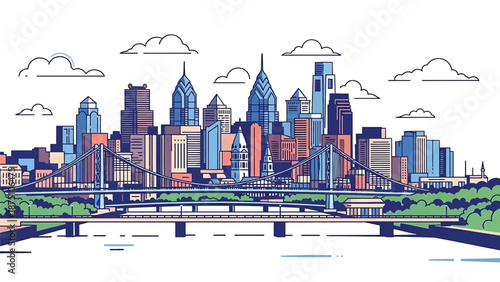 Flat vector illustration of a Philadelphia-inspired skyline with dense urban blocks, riverfront foreground and simplified bridges, rendered in clean solid flat colors