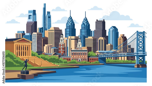 Flat vector illustration of a Philadelphia-inspired skyline with dense urban blocks, riverfront foreground and simplified bridges, rendered in clean solid flat colors