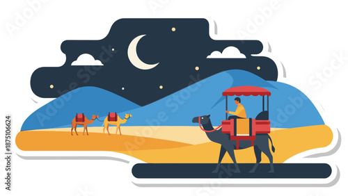 Desert Night Journey with Camel Caravan under Crescent Moon.