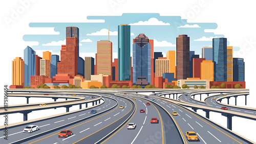 Flat vector illustration of a Houston-style city skyline featuring tall modern buildings, curving highways and open southern landscape in clean flat vector design