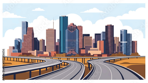 Flat vector illustration of a Houston-style city skyline featuring tall modern buildings, curving highways and open southern landscape in clean flat vector design