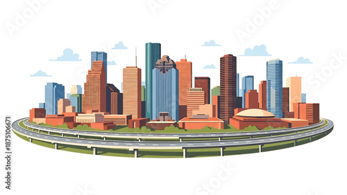 Flat vector illustration of a Houston-style city skyline featuring tall modern buildings, curving highways and open southern landscape in clean flat vector design
