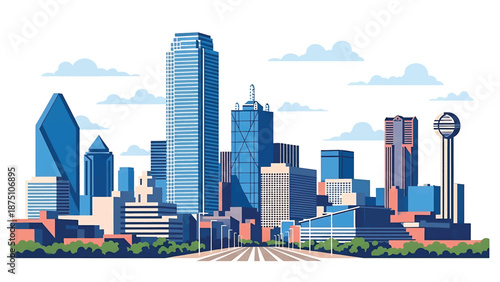 Flat vector illustration of a Dallas-inspired city view with bold modern skyscrapers, wide streets and open sky, using abstract architecture and solid flat colors