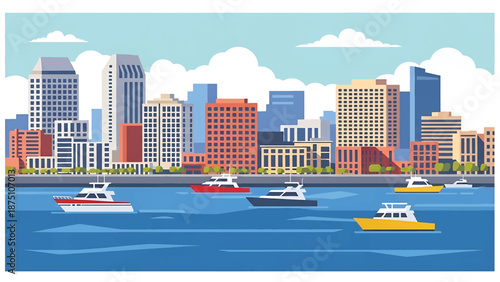 Flat vector illustration of a San Diego–style coastal cityscape with harbor waters, mid-rise buildings and relaxed seaside atmosphere in solid flat colors