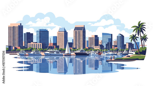 Flat vector illustration of a San Diego–style coastal cityscape with harbor waters, mid-rise buildings and relaxed seaside atmosphere in solid flat colors
