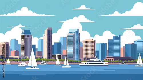 Flat vector illustration of a San Diego–style coastal cityscape with harbor waters, mid-rise buildings and relaxed seaside atmosphere in solid flat colors