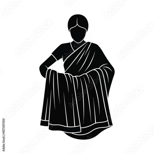 Silhouette of a woman draping a traditional Indian sari, South Asian culture vector illustration, ethnic fashion icon