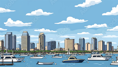 Flat vector illustration of a San Diego–style coastal cityscape with harbor waters, mid-rise buildings and relaxed seaside atmosphere in solid flat colors