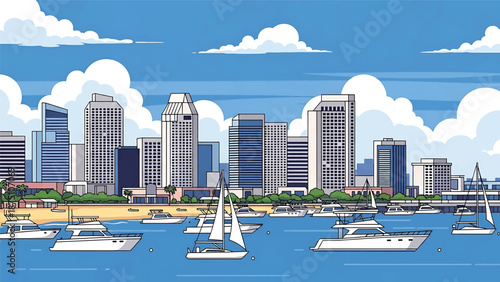 Flat vector illustration of a San Diego–style coastal cityscape with harbor waters, mid-rise buildings and relaxed seaside atmosphere in solid flat colors