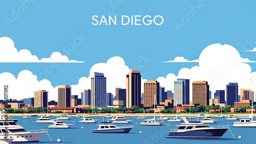 Flat vector illustration of a San Diego–style coastal cityscape with harbor waters, mid-rise buildings and relaxed seaside atmosphere in solid flat colors