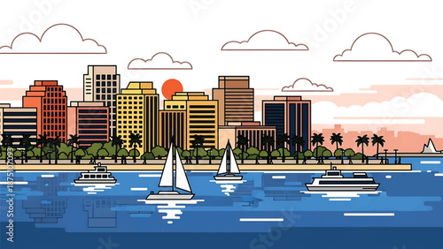 Flat vector illustration of a San Diego–style coastal cityscape with harbor waters, mid-rise buildings and relaxed seaside atmosphere in solid flat colors