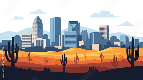 Flat vector illustration of a Phoenix-inspired skyline with modern buildings set against desert hills and warm climate atmosphere in clean solid vector style