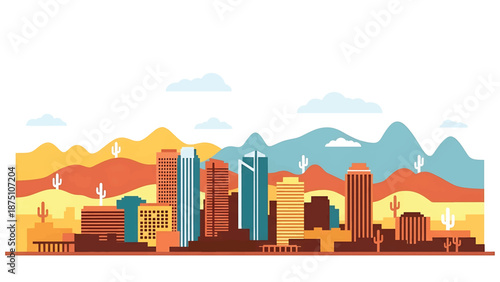 Flat vector illustration of a Phoenix-inspired skyline with modern buildings set against desert hills and warm climate atmosphere in clean solid vector style