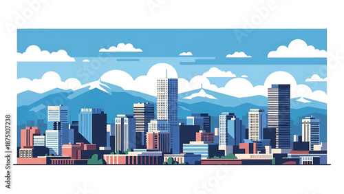 Flat vector illustration of a Denver-style cityscape with mid-rise skyline, open urban layout and distant mountain backdrop rendered in solid flat colors