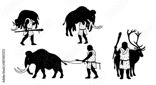Prehistoric Hunters and Gatherers with Mammoths and Deer in a Stylized Illustration