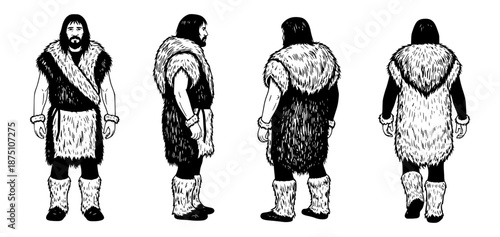 Vector illustration of an ancient or indigenous man in traditional fur clothing, depicting a hunter or survivalist from different perspectives in a black and white line art style
