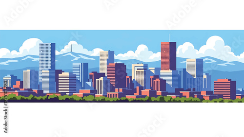 Flat vector illustration of a Denver-style cityscape with mid-rise skyline, open urban layout and distant mountain backdrop rendered in solid flat colors