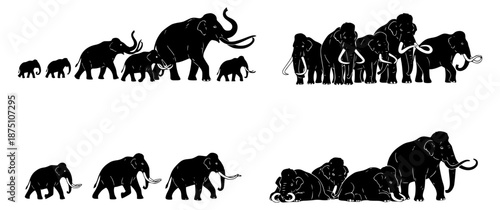 Diverse silhouettes of majestic mammoths and powerful elephants, illustrating growth, family units, and herd dynamics in a stylized wildlife graphic collection