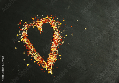 Chili pepper and ground salt arranged in a heart shape on a black background, hot