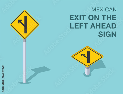 Traffic regulation rules. Isolated mexican "exit on the left ahead" road sign. Front and top view. Flat vector illustration template.