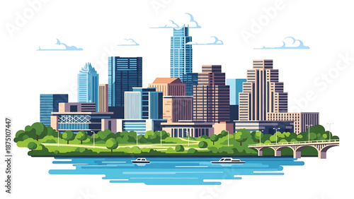 Flat vector illustration of an Austin-inspired city view with modern low-rise buildings, riverfront foreground and green urban spaces in clean solid flat colors