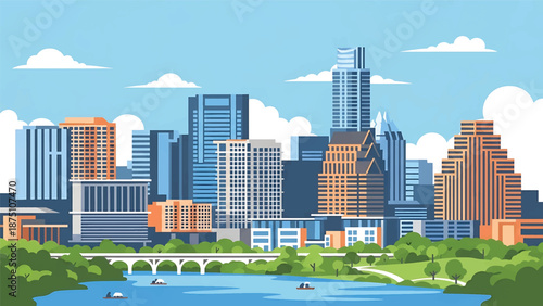 Flat vector illustration of an Austin-inspired city view with modern low-rise buildings, riverfront foreground and green urban spaces in clean solid flat colors