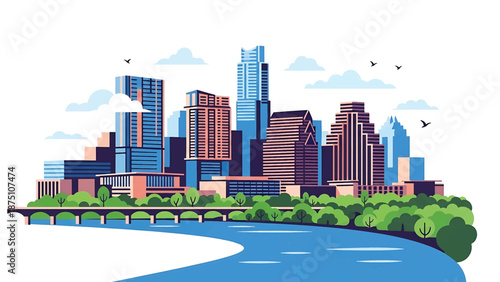 Flat vector illustration of an Austin-inspired city view with modern low-rise buildings, riverfront foreground and green urban spaces in clean solid flat colors