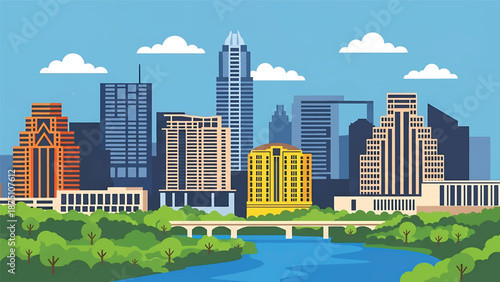 Flat vector illustration of an Austin-inspired city view with modern low-rise buildings, riverfront foreground and green urban spaces in clean solid flat colors