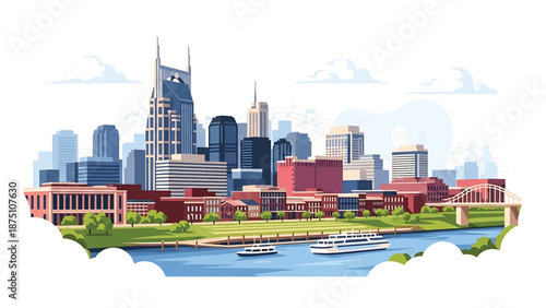 Flat vector illustration of a Nashville-style city skyline with mixed urban buildings, river setting and cultural city atmosphere using abstract flat architecture